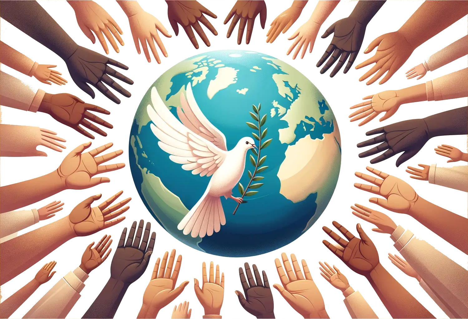 Hands reaching for a dove flying over a peaceful earth